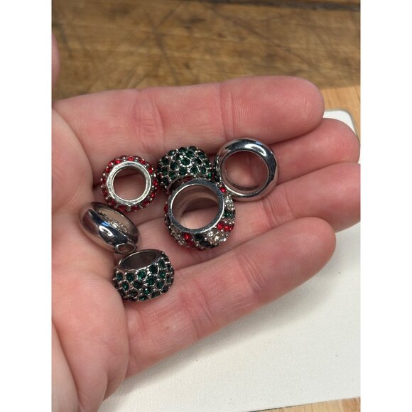 Czech Crystal Large Hole Beads Set Of 6 Red Green Silver Fits European Bracelets - Picture 5 of 6